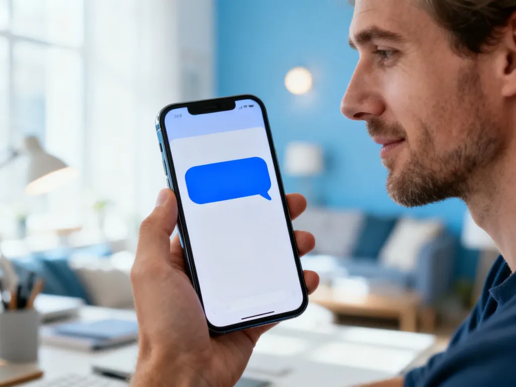 Mężczyzna trzymający smartfon z widocznym interfejsem niebieskich dymków czatu aplikacji iMessage.