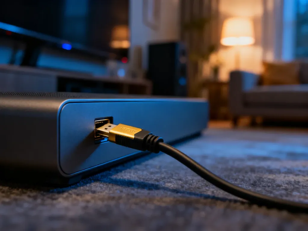 Wtyk kabla HDMI wpinany do nowoczesnego soundbara, ilustrujący połączenie urządzeń audio w systemie kina domowego.