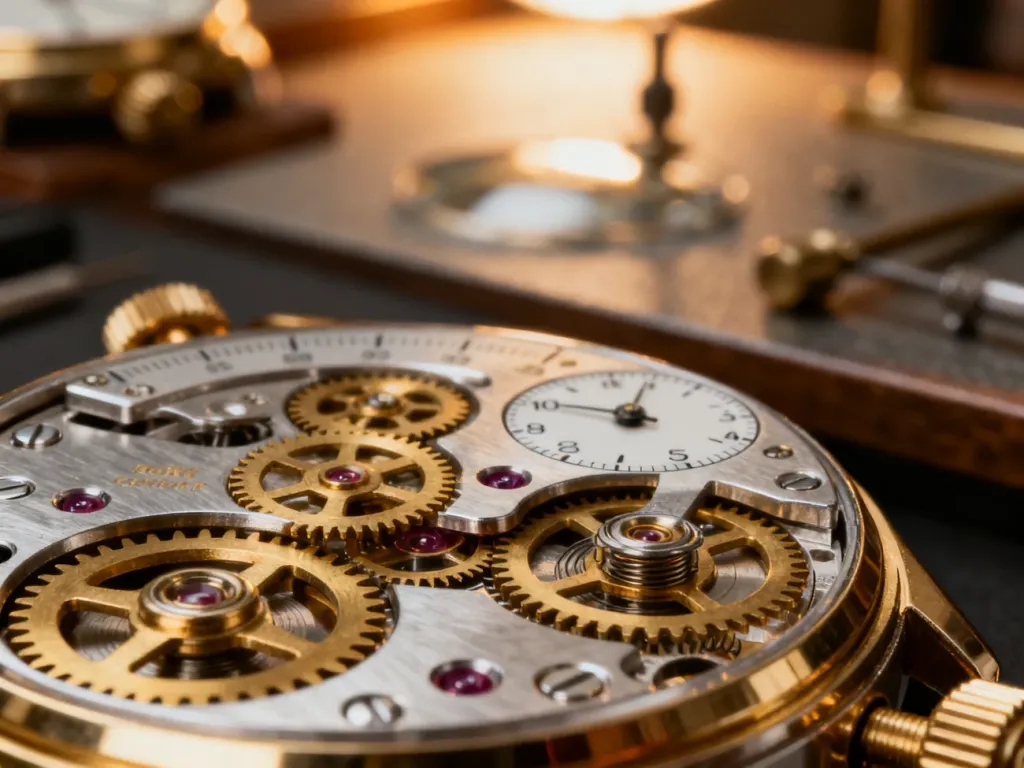 Złożony mechanizm zegarka chronograficznego z widocznymi mosiężnymi trybami i sprężynami w ciepłym oświetleniu.