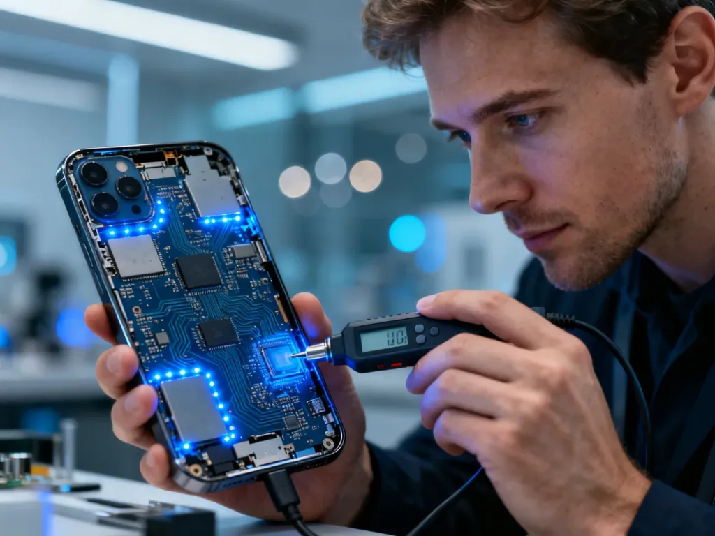 Technik naprawiający płytę główną smartfona za pomocą narzędzia diagnostycznego w nowoczesnym laboratorium.