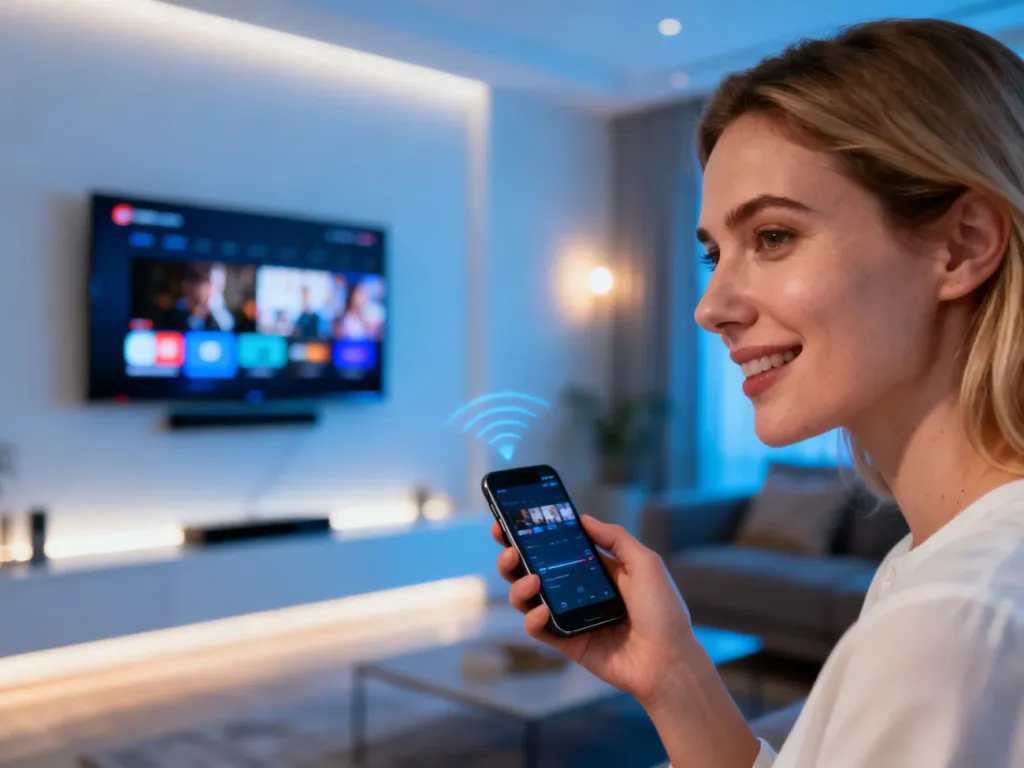 Kobieta przesyła bezprzewodowo obraz ze smartfona na nowoczesny telewizor, prezentując działanie technologii AirPlay.