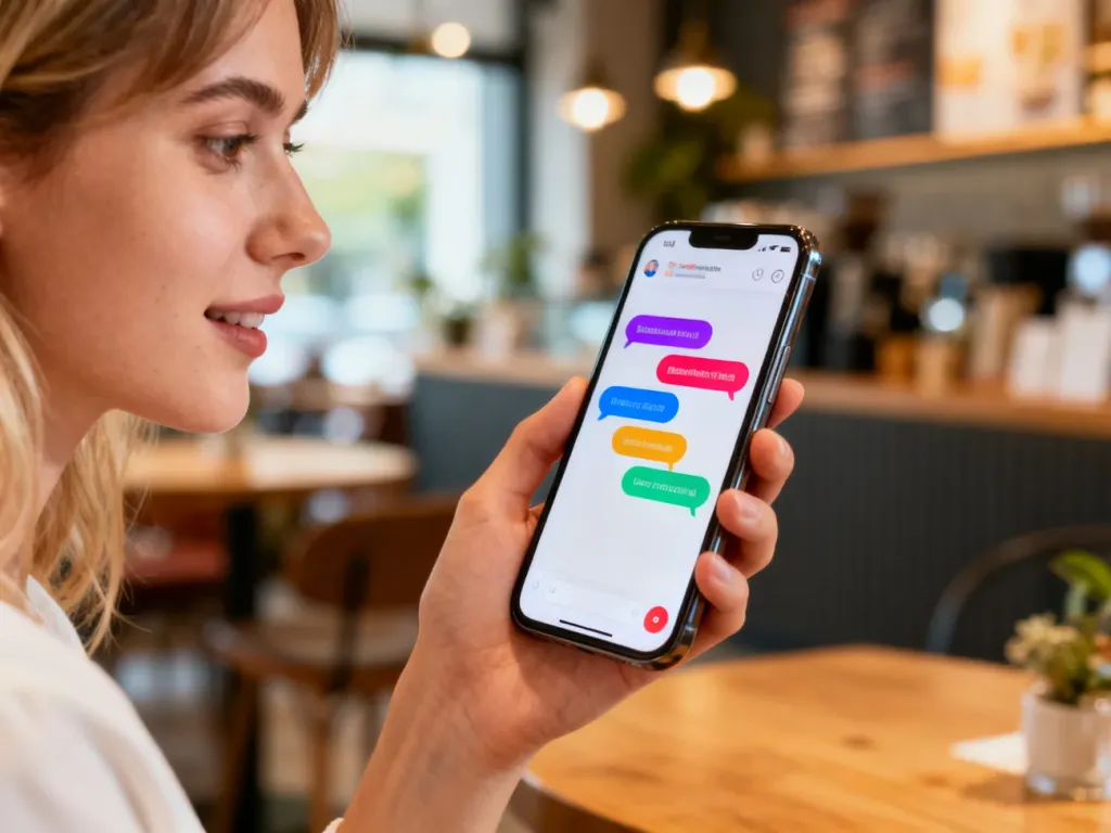 Kobieta trzymająca smartfon z otwartą aplikacją Viber w przytulnej kawiarni.