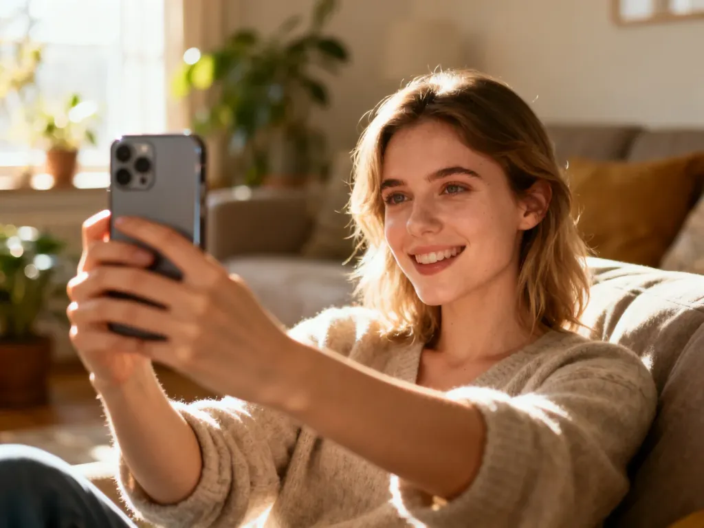 Młoda kobieta robi sobie spontaniczne selfie smartfonem w przytulnym, nasłonecznionym salonie.