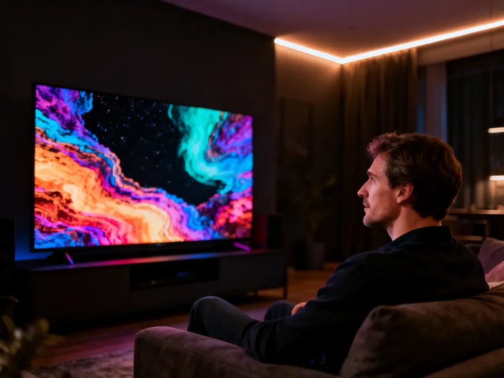 Mężczyzna oglądający film na telewizorze o wysokim kontraście i żywych kolorach w przytulnym salonie.